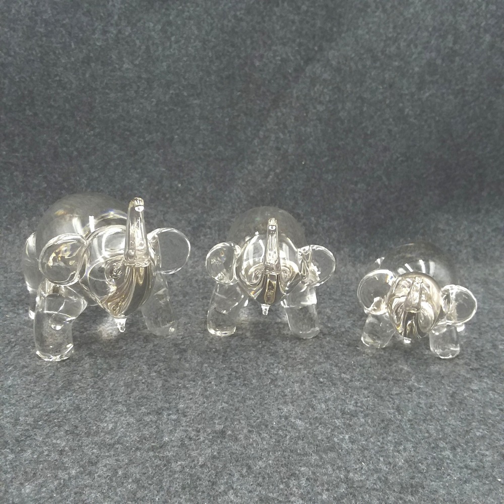 3 Clear Glass Elephants‎ Figurines Animals Art Sculpture Decor Cute Lucky Whimsy
